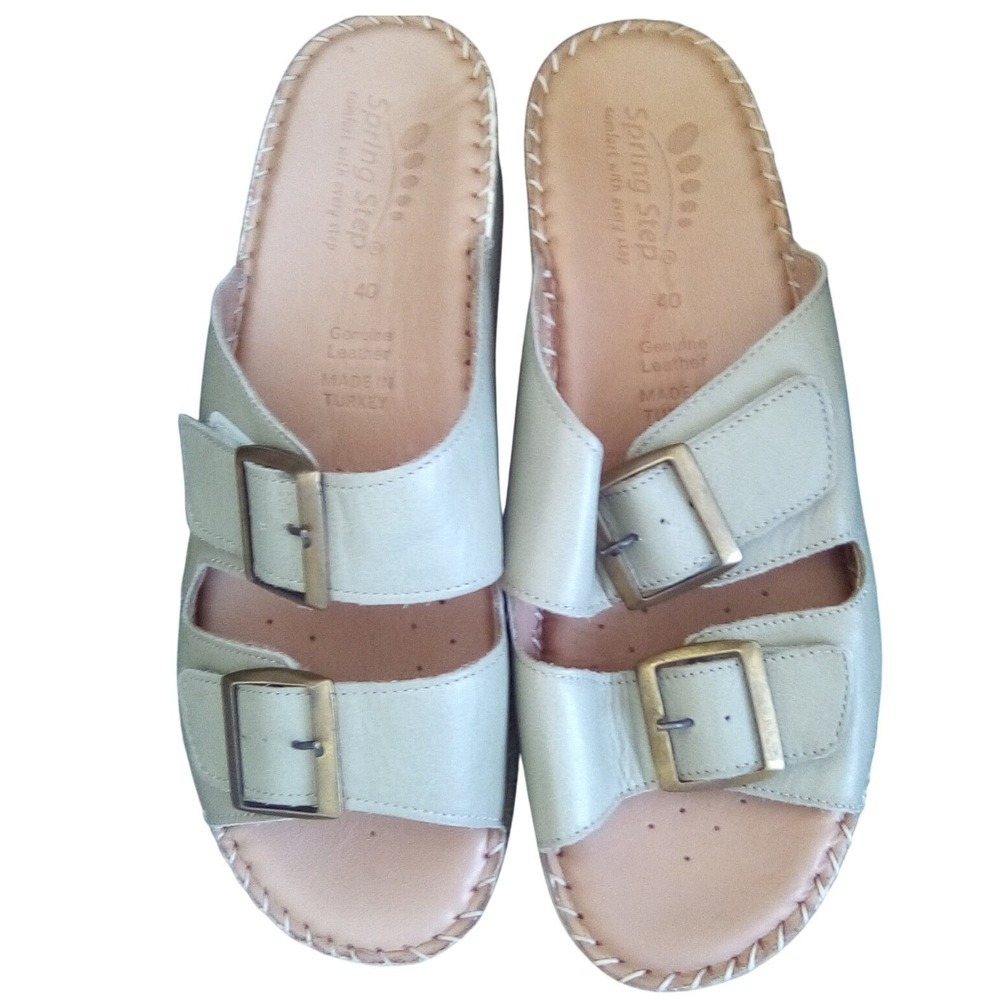 Spring Step Minisia Olive Green Leather Double Buckle Wedge Slide Sandal(9.5)